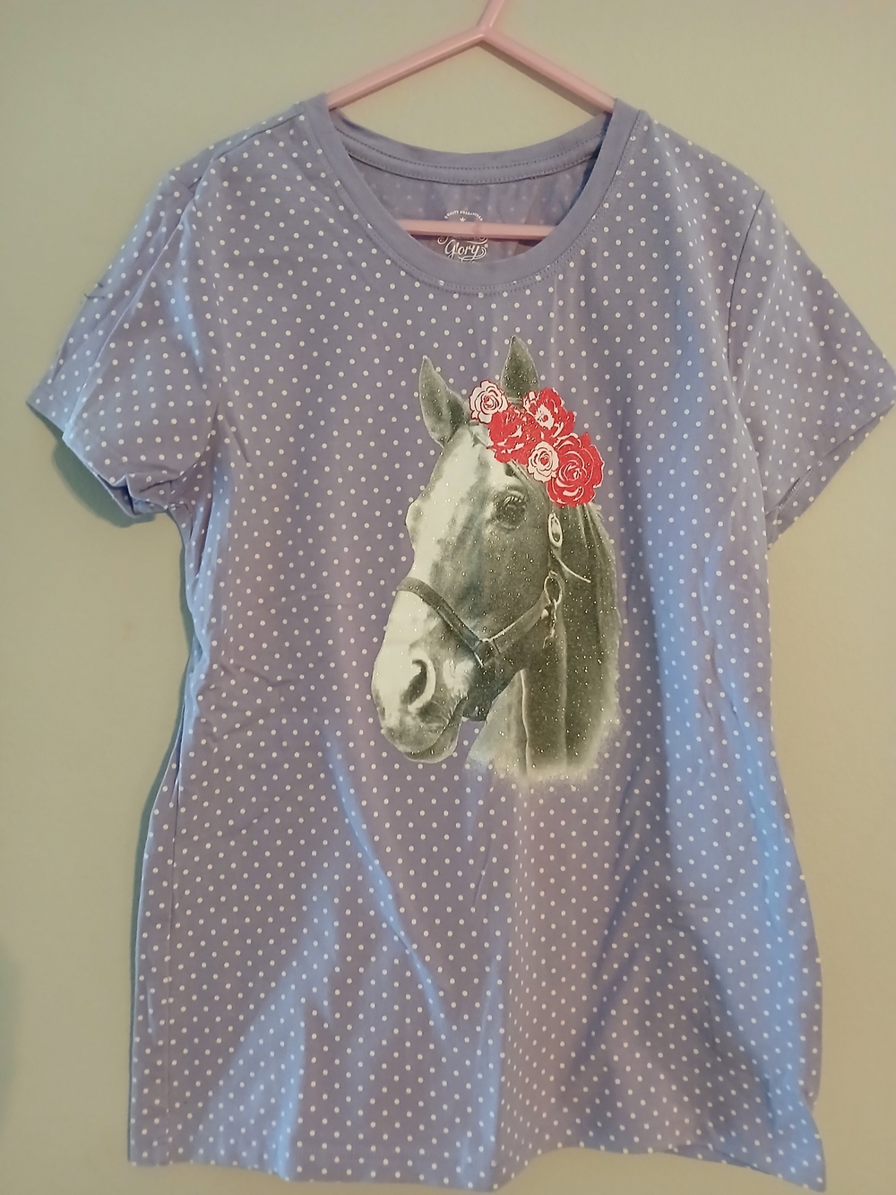 Faded Glory Lavender Polka Dot Horse Tee with Red Floral Accent